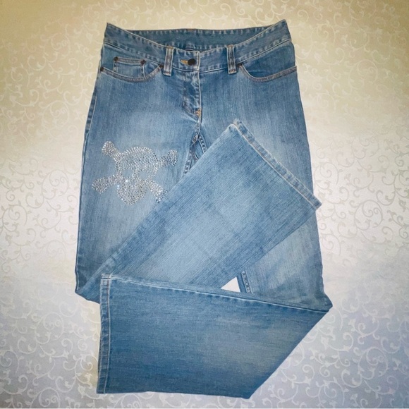 International Concepts Rhinestone Skull Bellbottom Jeans Long Length - Picture 7 of 15
